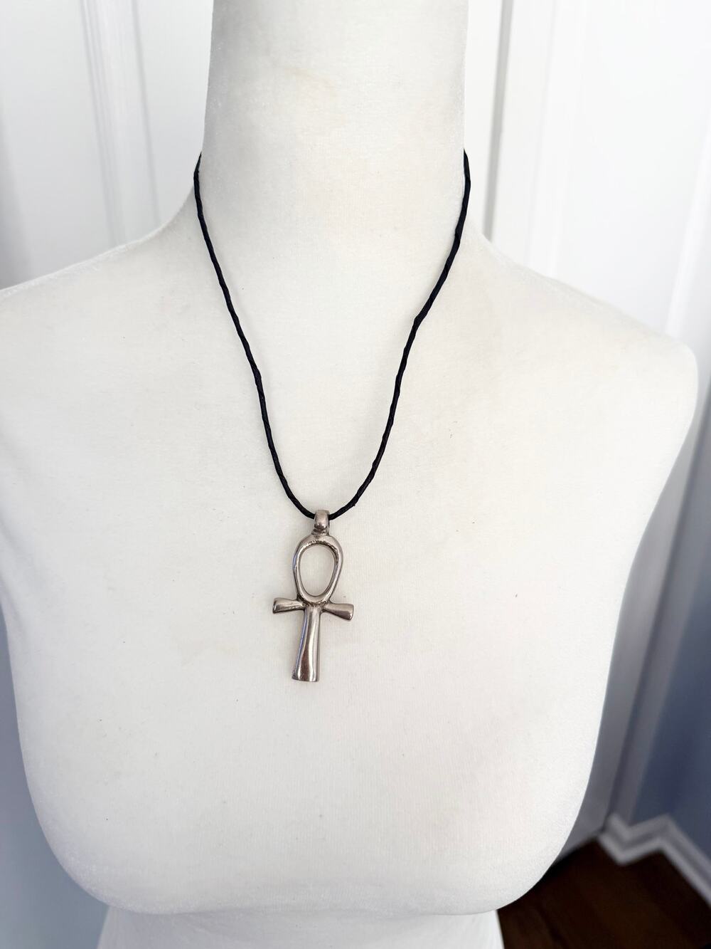 Silver Tone Ankh Pendant Necklace on Black Cord Egyptian Cross